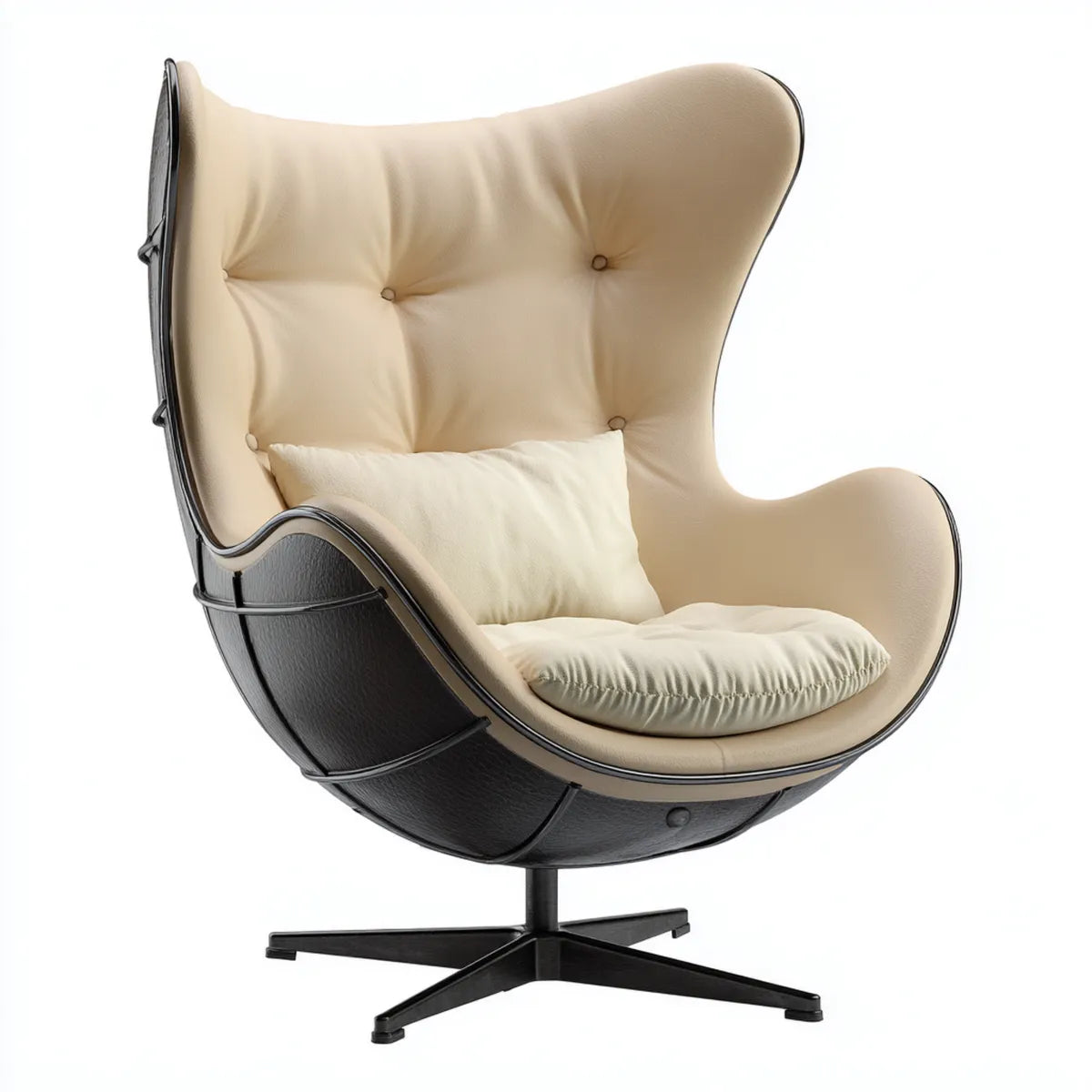 Poltrona girevole a uovo beige e nero in pelle sintetica PU 88 x 80 x 110 cm