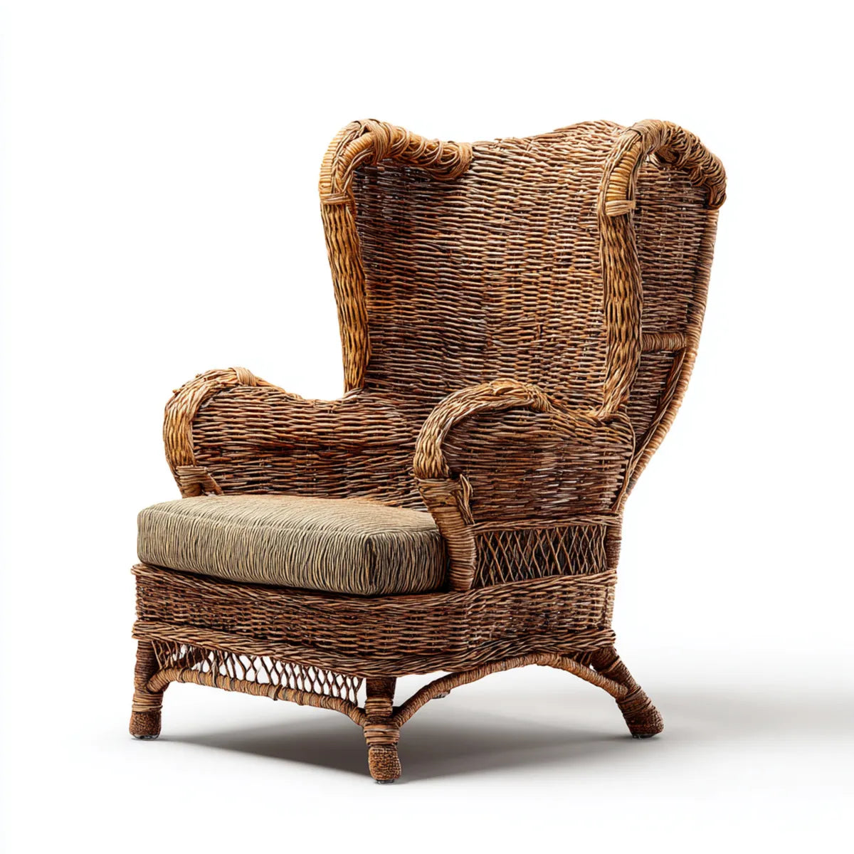 Poltrona da soggiorno a orecchioni in rattan marrone con cuscino beige 78 x 75 x 120 cm