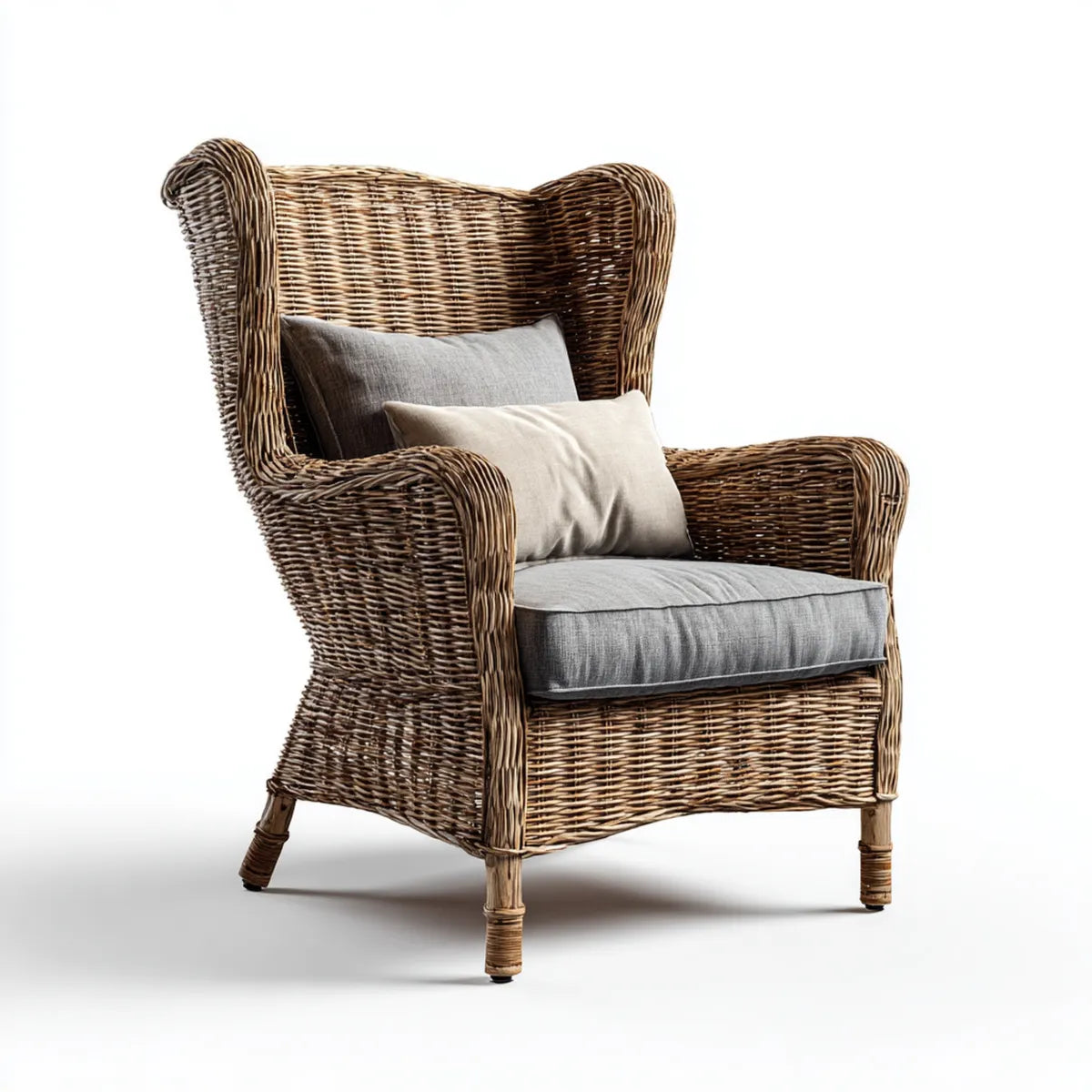 Poltrona a orecchioni in vimini naturale con cuscini grigi e beige 78 x 85 x 105 cm