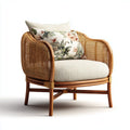 Poltrona da soggiorno in rattan marrone con cuscini in poliestere avorio floreale forma arrotondata 78 x 75 x 85 cm