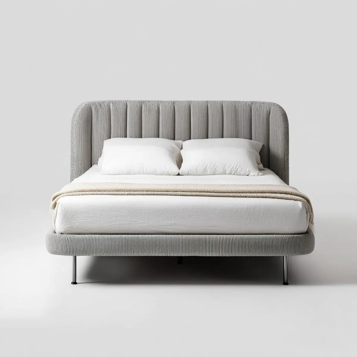 Letto matrimoniale imbottito grigio 160 x 200 cm in poliestere a righe con testiera arrotondata