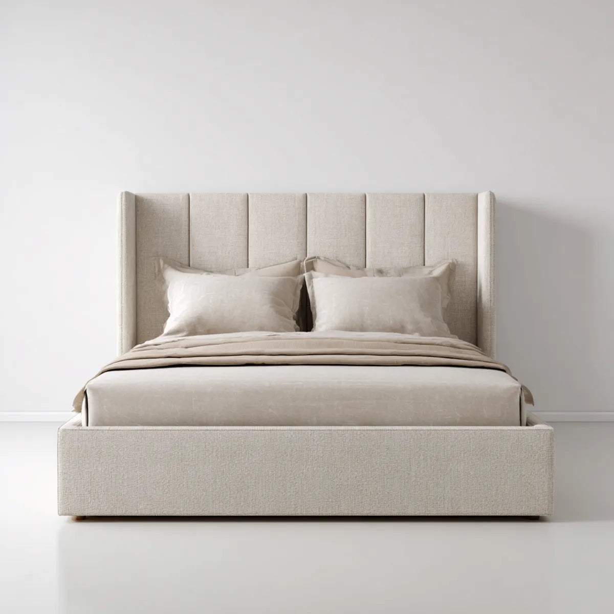 Letto matrimoniale imbottito beige 160 x 200 cm in poliestere con testiera rettangolare